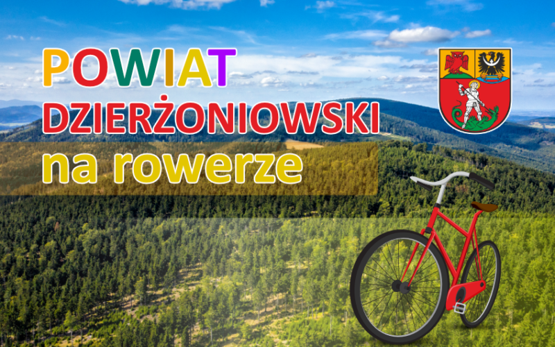 Zdjęcie z lotu ptaka gór sowich latem. Napis Powiat Dzierżoniowski na rowerze. Rower i herb powiatu z prawej strony.