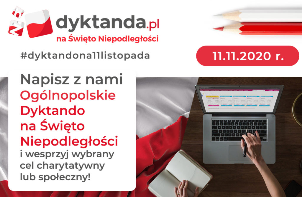 Banner dyktanda.pl. W rogu laptop, książka. Po lewej opis przedsięwzięcia.