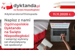 Banner dyktanda.pl. W rogu laptop, książka. Po lewej opis przedsięwzięcia.