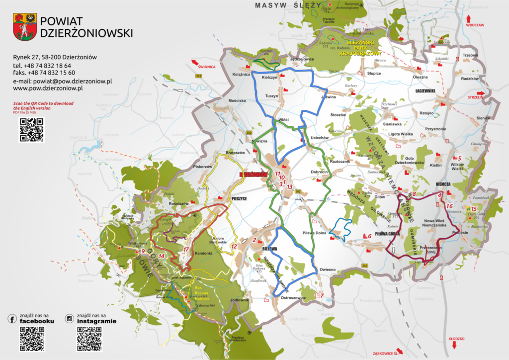 Projekt graficzny mapy powiatu z nazwami miejscowości oraz wyrysowanymi trasami rowerowymi.