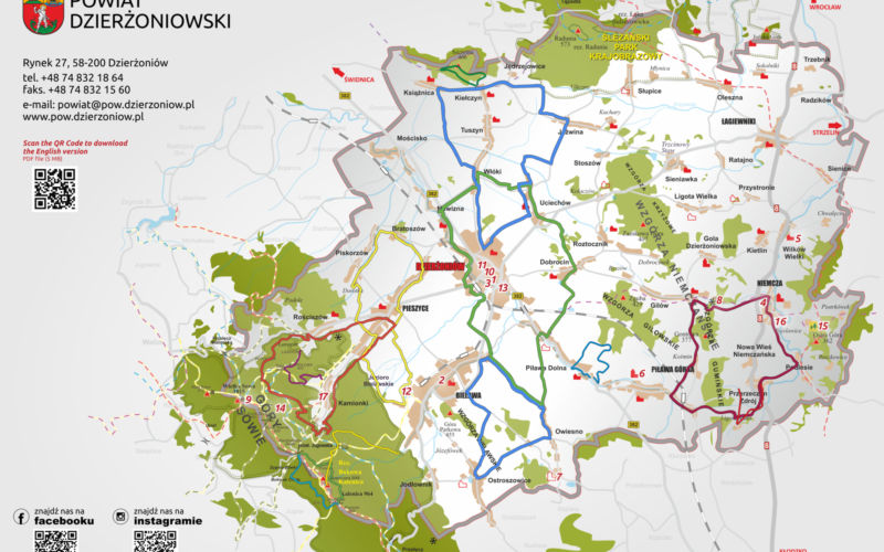 Projekt graficzny mapy powiatu z nazwami miejscowości oraz wyrysowanymi trasami rowerowymi.