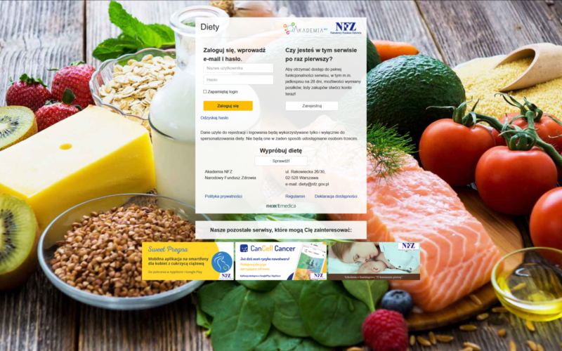 Grafika promująca program Narodowego Funduszu Zdrowia. Zdjęcie potraw stojących na stole. Na głównym planie formularz do wypełnienia NFZ.