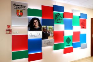 Zdjęcie ścianki promującej ambasadorów powiatu. Ściana składająca się z bloków kolorowych z fotografiami wyróżnionych osób.