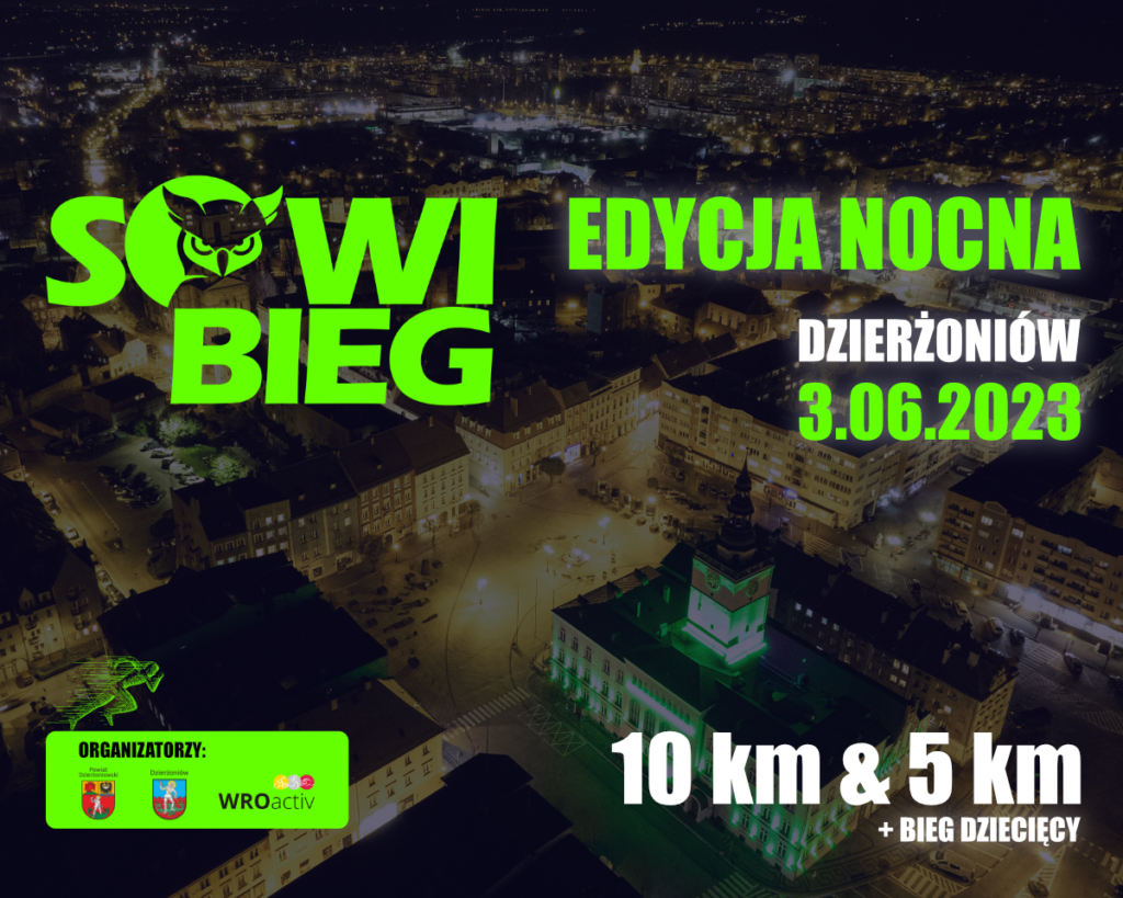 grafika z nocną panoramą Dzierżoniowa i informacjami o dacie i godzinie wydarzenia