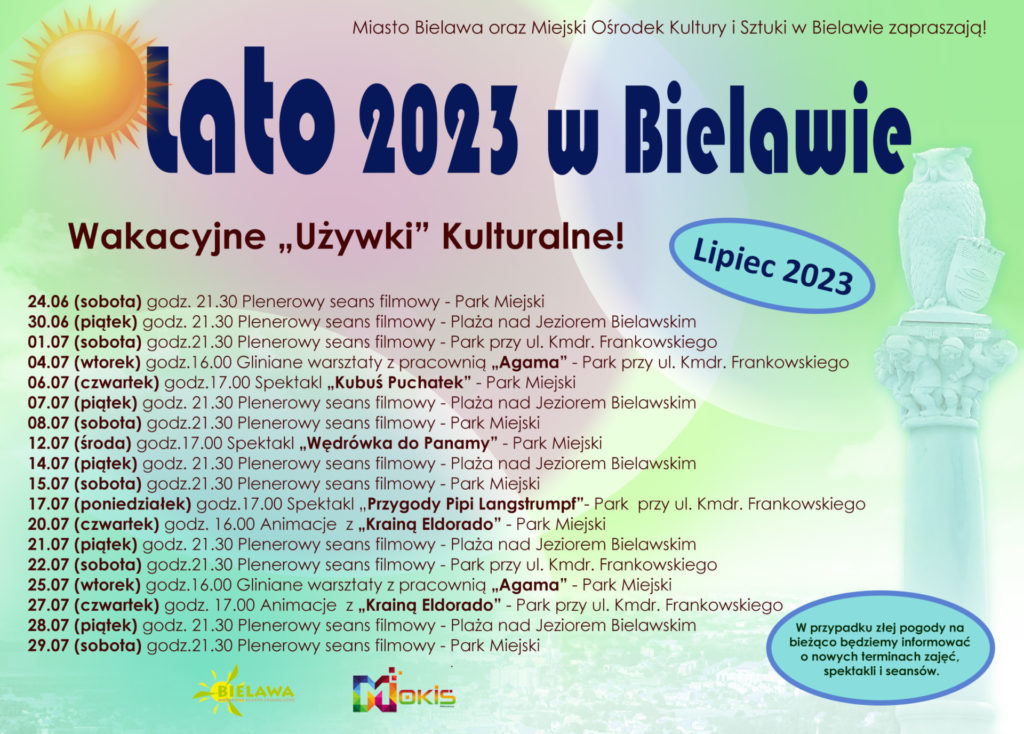 Plakat przedstawiający plan wydarzeń wakacyjnych w Bielawie w lipcu