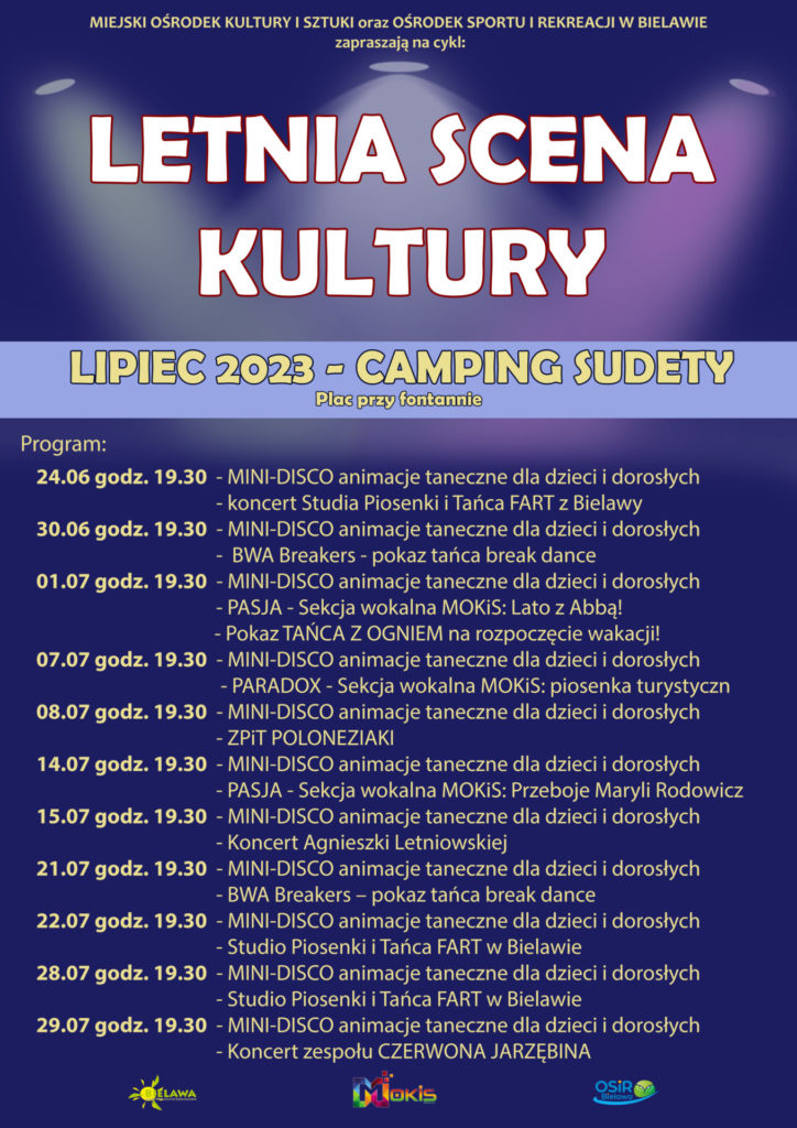 Plakat z harmonogramem Letniej Sceny Kultury, która odbywa się na Campingu Sudety