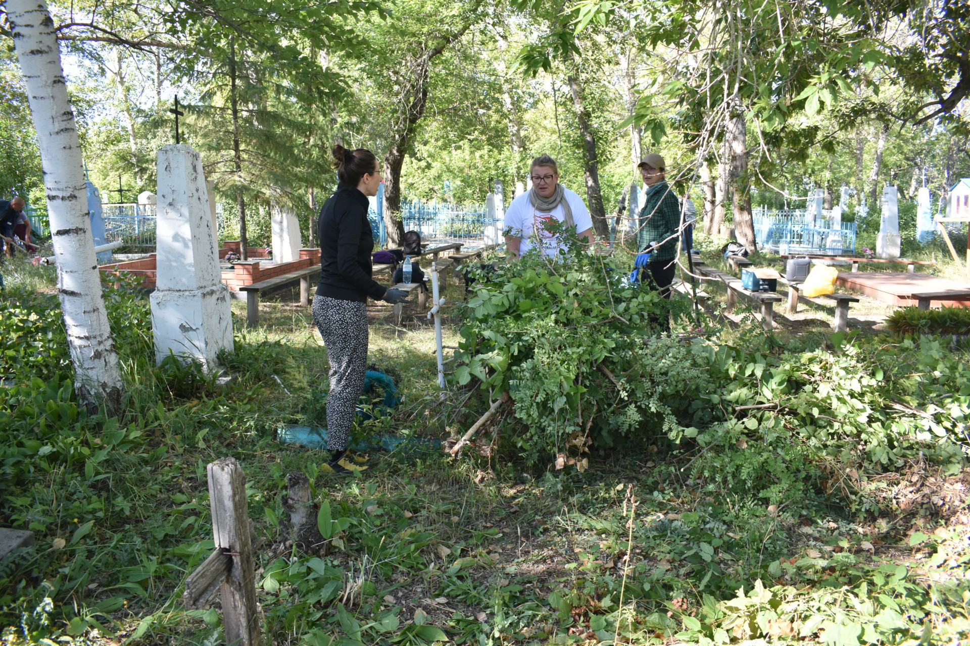 wolontariusze podczas sprzątania cmentarza