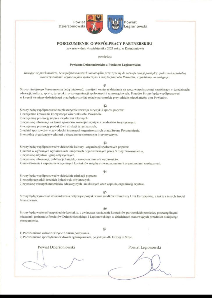 Skan dokumentu: porozumienie o wpsółpracy partnerskiej pomiędzy powiatem dzierżoniowskim i powiatem legionowskim