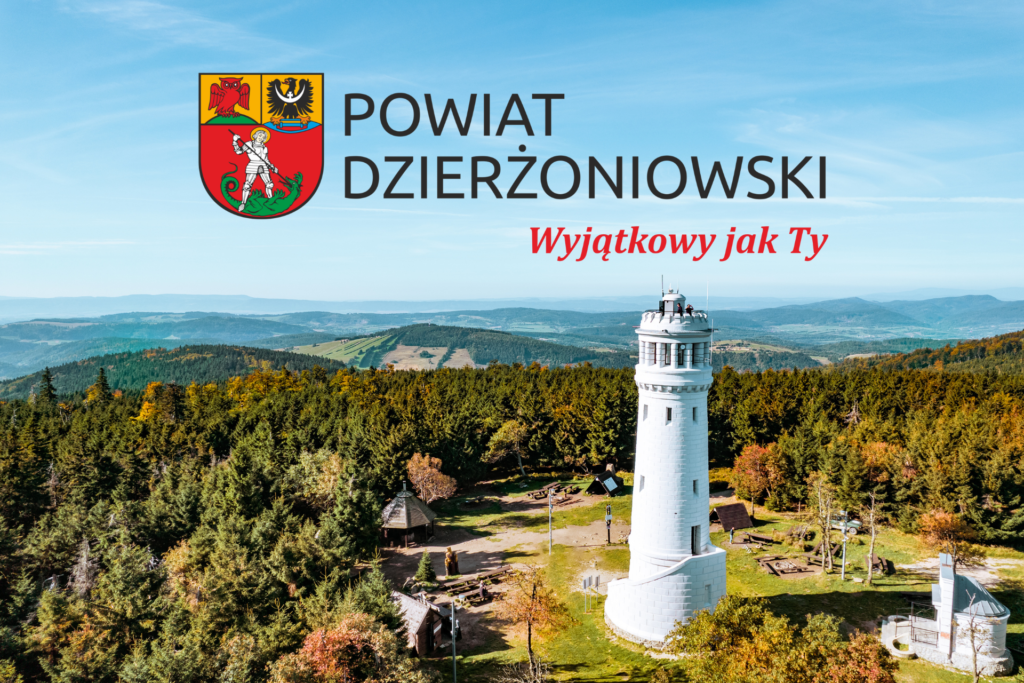 widok na wieżę na Wielkiej Sowie z napisem Powiat Dzierżoniowski wyjątkowy jak Ty