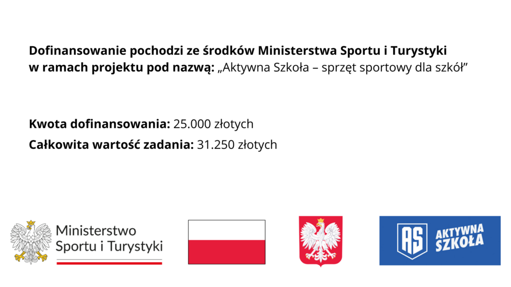 Dofinansowanie pochodzi ze środków Ministerstwa Sportu i Turystyki w ramach projektu pod nazwą „Aktywna Szkoła – sprzęt sportowy dla szkół”