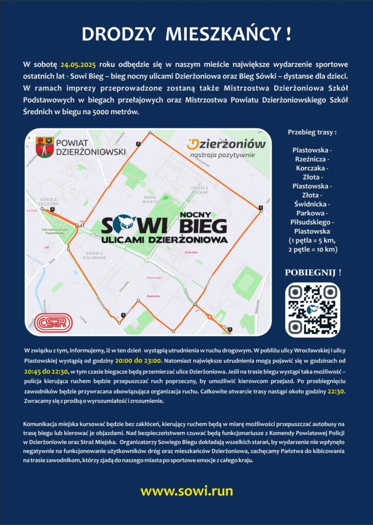 plakat informujący o utrudnieniach w ruchu drogowym podczas Sowiego Biegu