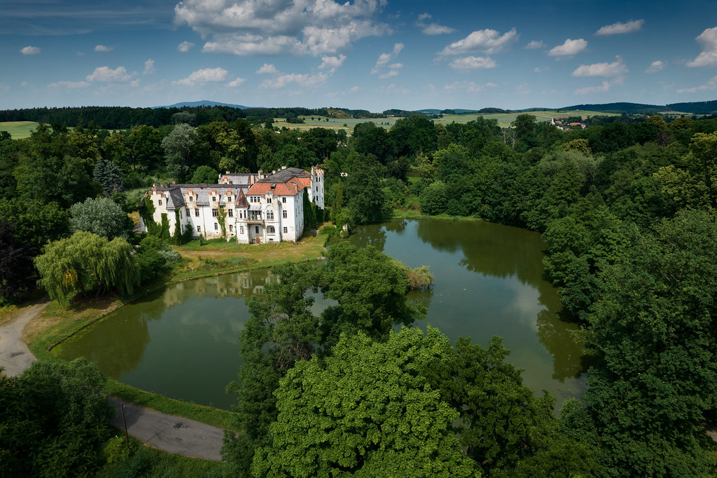 Pałac nad stawem wokół drzewa widok z góry