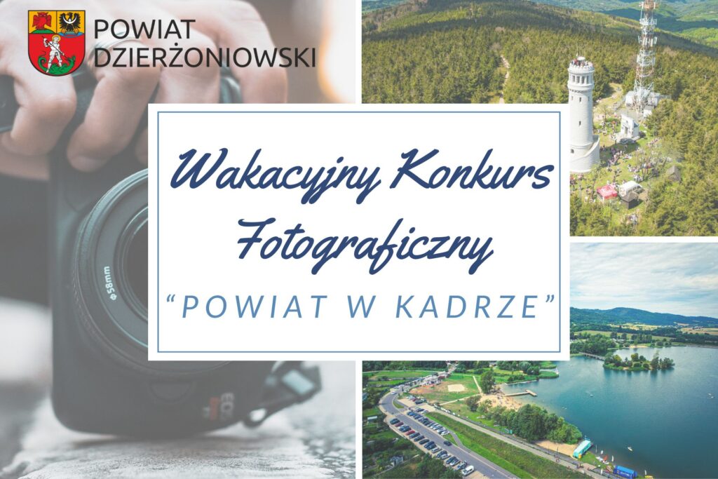 Wakacyjny konkurs fotograficzny powiat w kadrze, trzy zdjęcia: aparat fotograficzny, zbiornik sudety i wielka sowa