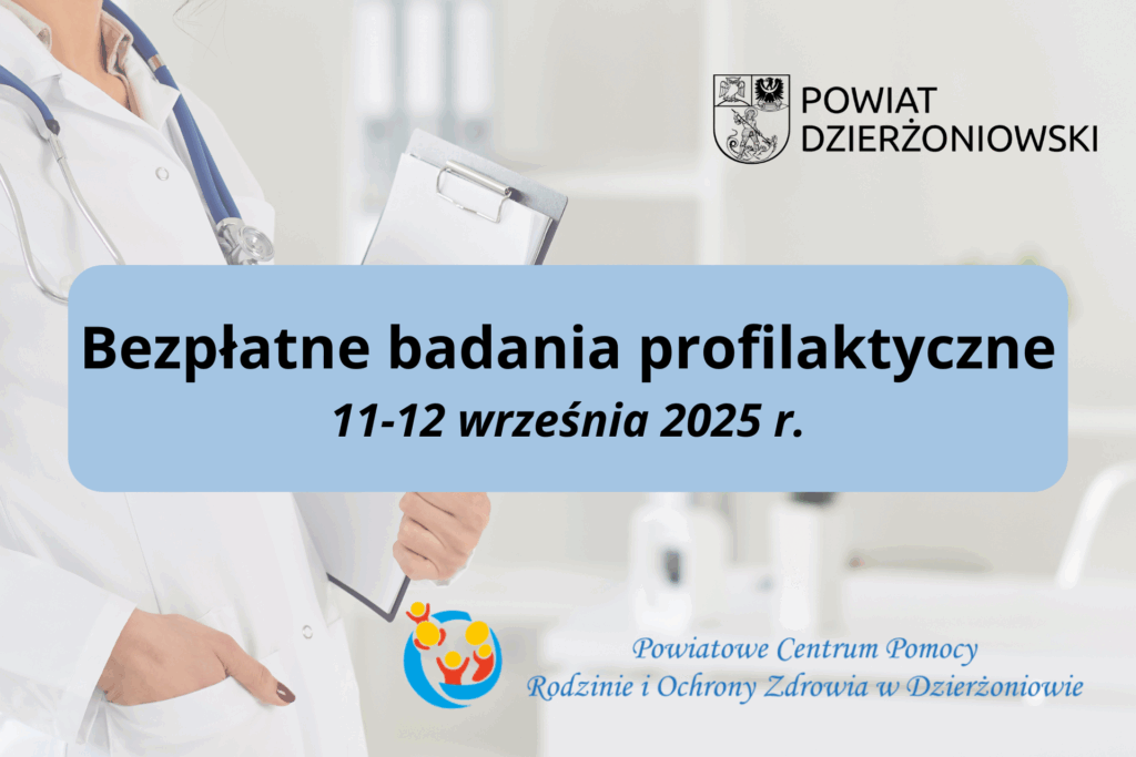 Bezpłatne badania profilaktyczne w tle lekarka z teczką i stetoskopem, powyżej napisu herb powiatu dzierżoniowskiego oraz poniżej logo PCPRiOZ w Dzierżoniowie