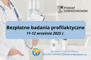Bezpłatne badania profilaktyczne w tle lekarka z teczką i stetoskopem, powyżej napisu herb powiatu dzierżoniowskiego oraz poniżej logo PCPRiOZ w Dzierżoniowie
