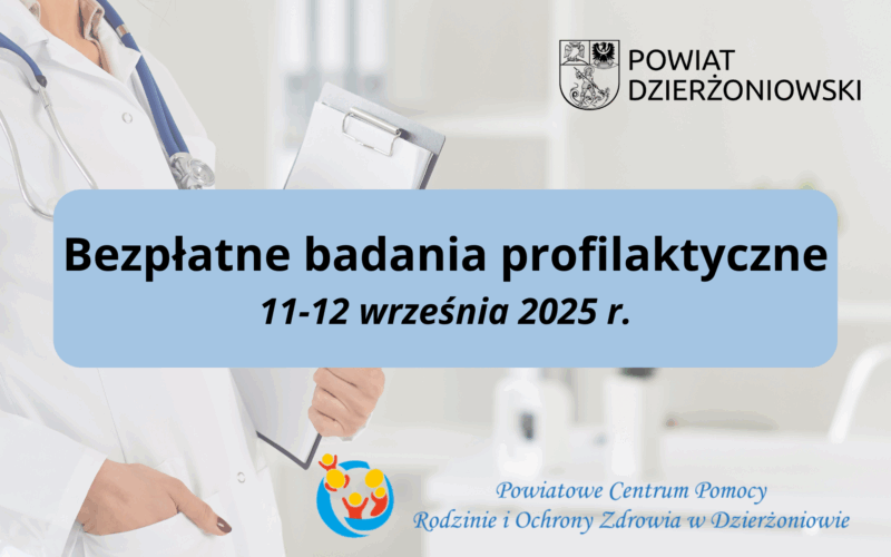 Bezpłatne badania profilaktyczne w tle lekarka z teczką i stetoskopem, powyżej napisu herb powiatu dzierżoniowskiego oraz poniżej logo PCPRiOZ w Dzierżoniowie