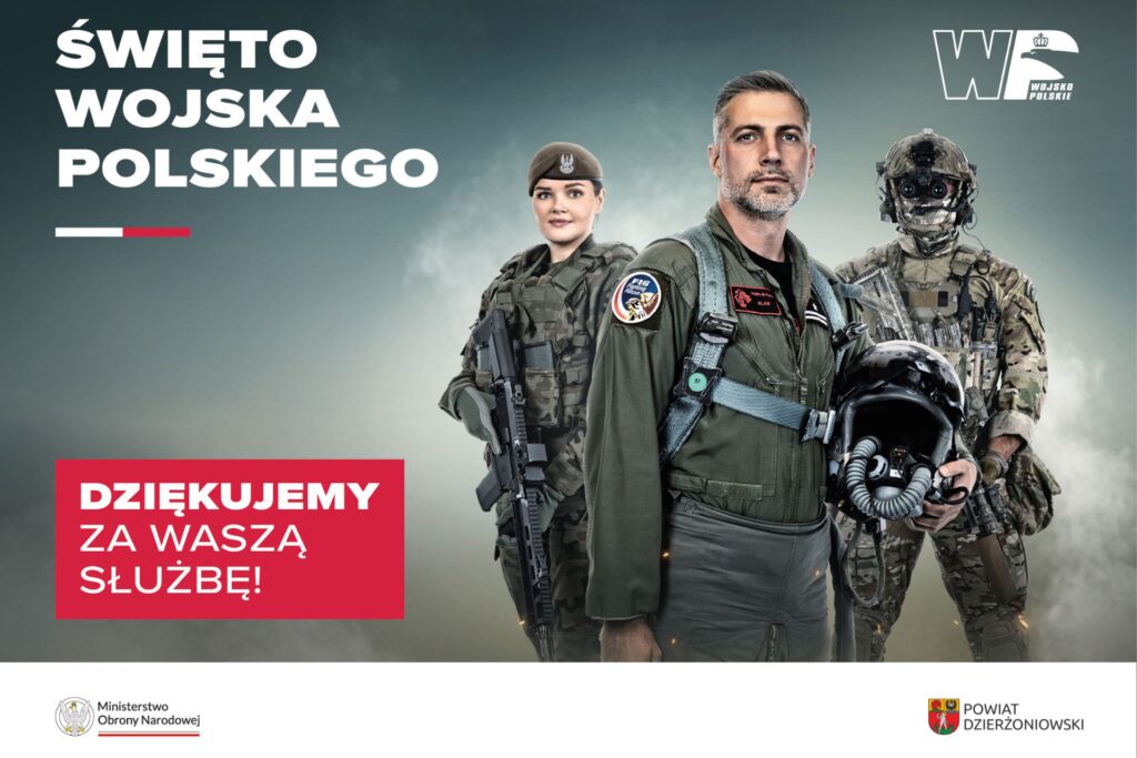 Święto Wojska Polskiego - troje żołnierzy, w tym jedna kobieta na szarym tle, poniżej logo MON i powiatu