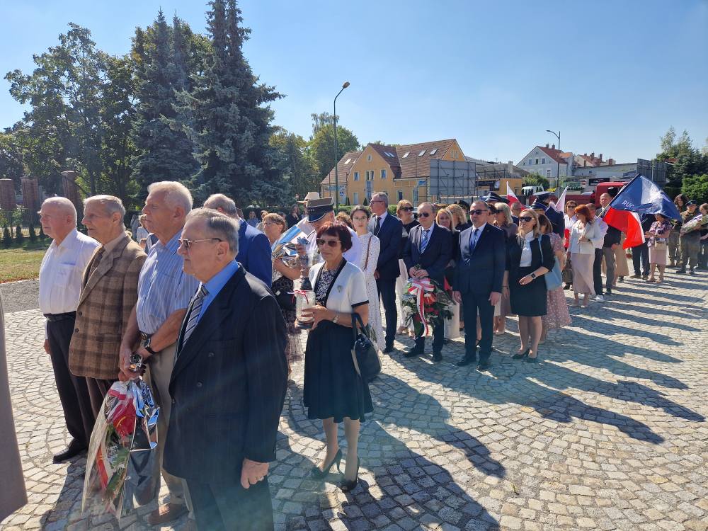 ludzie stoją i czekają na złożenie kwiatów pod pomnikiem