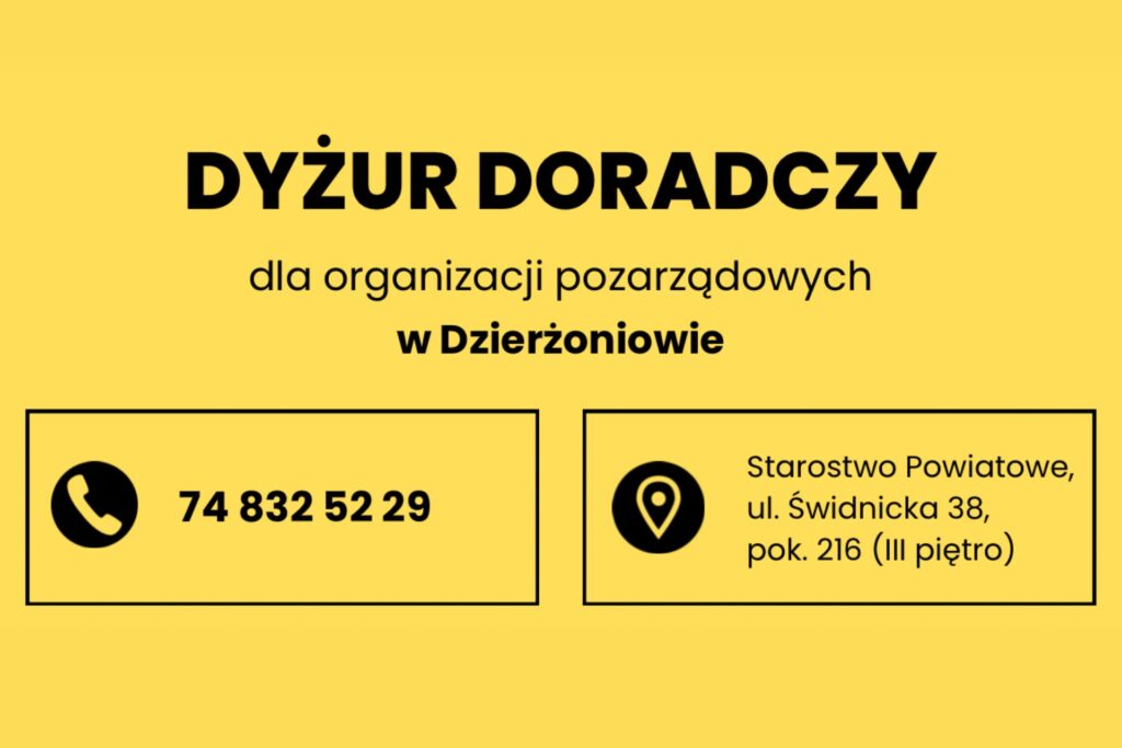 Dyżur doradczy dla organizacji pozarządowych w Dzierżoniowie grafika na żółtym tle