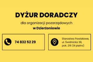 Dyżur doradczy dla organizacji pozarządowych w Dzierżoniowie grafika na żółtym tle