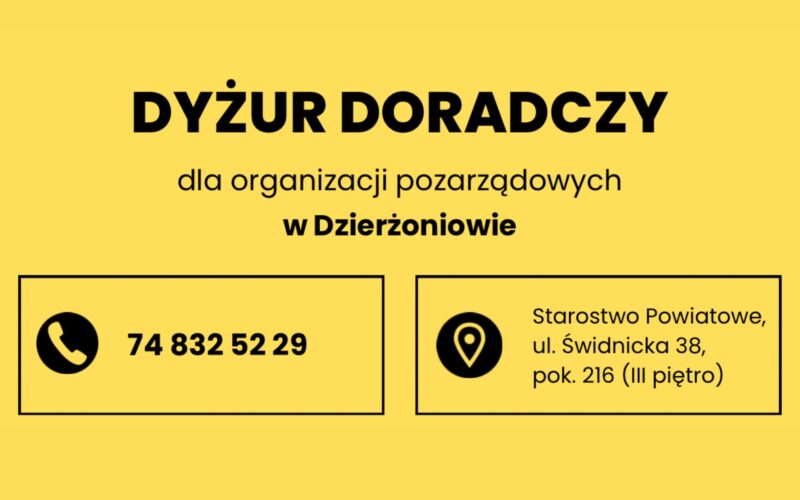 Dyżur doradczy dla organizacji pozarządowych w Dzierżoniowie grafika na żółtym tle