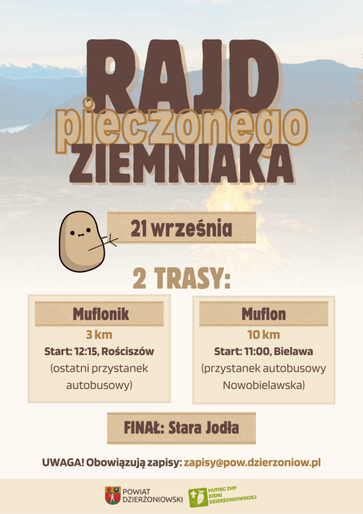 Rajd pieczonego ziemniaka 2025 plakat, data 21 września, obok ziemniak, poniżej opis tras, a na samym dole informacja o zapisach