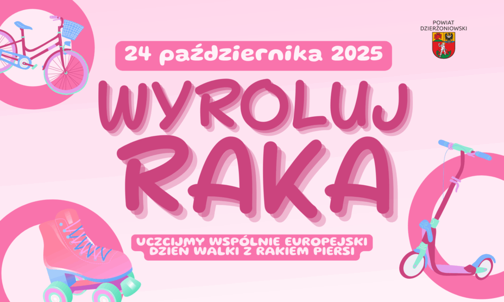 grafika wyroluj raka 2025 różowy kolor, symbole rolek, roweru i hulajnogi