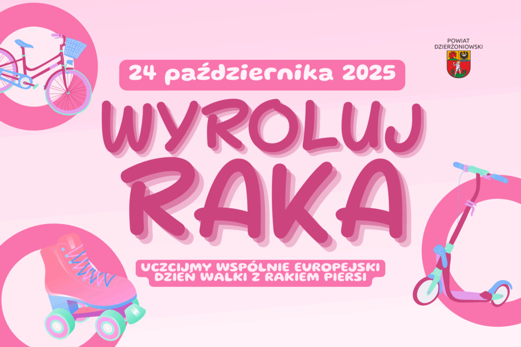 grafika wyroluj raka 2025 różowy kolor, symbole rolek, roweru i hulajnogi