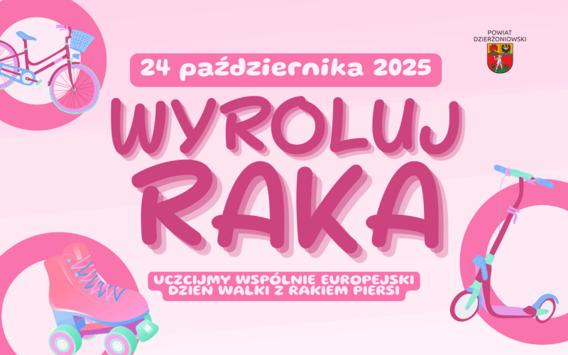 grafika wyroluj raka 2025 różowy kolor, symbole rolek, roweru i hulajnogi