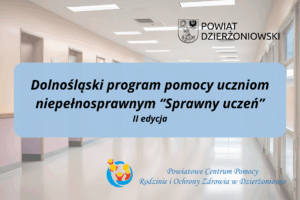 Grafika dolnośląski program pomocy uczniom niepełnosprawnym "Sprawny uczeń" II edycja, ponad napisem logo powiatu, a poniżej logo PCPR, a w tle zdjęcie z korytarza szkolnego