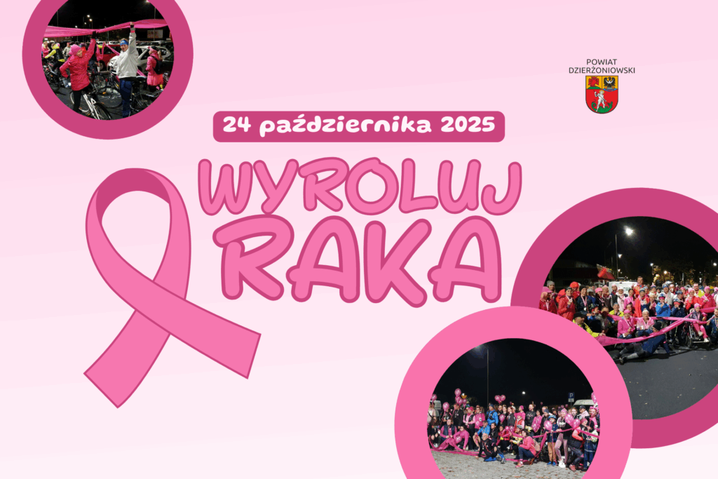 grafika wyroluj raka 2025, różowe kółka ze zdjęciami w środku, różowa wstążka obok napisu