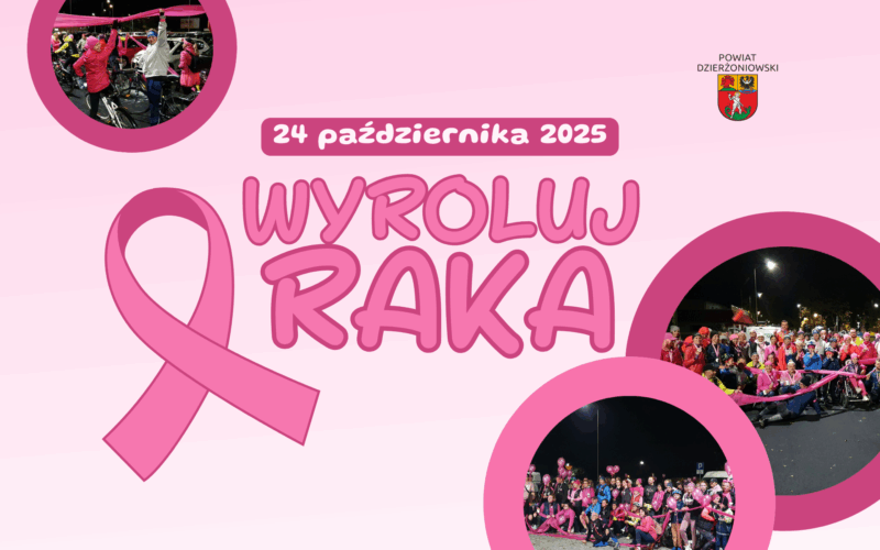 grafika wyroluj raka 2025, różowe kółka ze zdjęciami w środku, różowa wstążka obok napisu