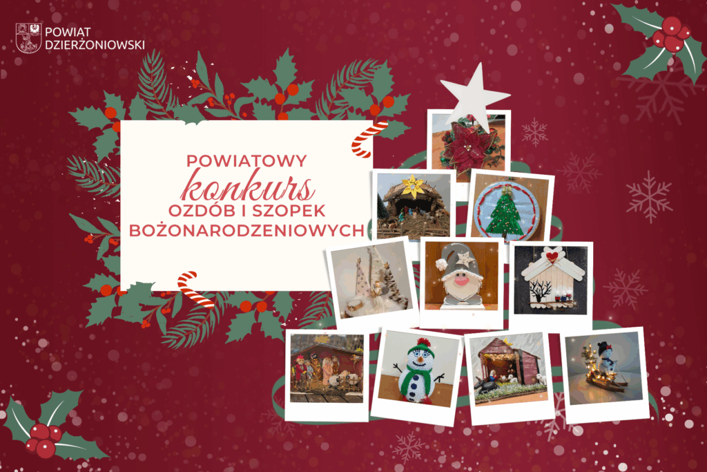 Powiatowy Konkurs Ozdób i Szopek Bożonarodzeniowych grafika na czerwonym tle