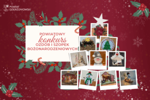 Powiatowy Konkurs Ozdób i Szopek Bożonarodzeniowych grafika na czerwonym tle