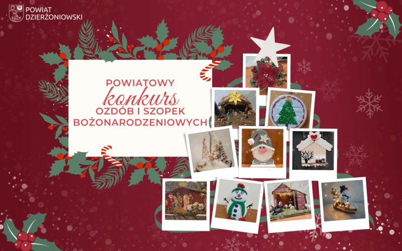 Powiatowy Konkurs Ozdób i Szopek Bożonarodzeniowych grafika na czerwonym tle