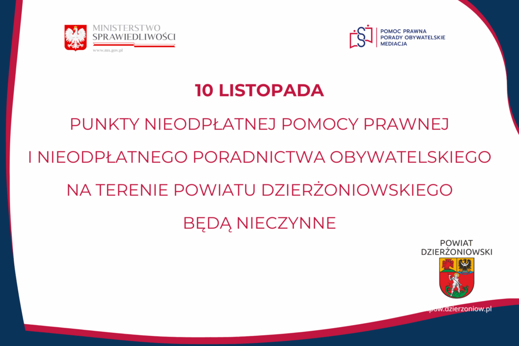 grafika 10 listopada punkty nieodpłatnej pomocy prawnej będą nieczynne