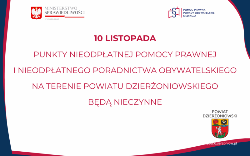 grafika 10 listopada punkty nieodpłatnej pomocy prawnej będą nieczynne