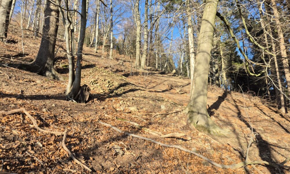 widok z lewej strony na usypane kamienie, pozostałość po dawnej skoczni