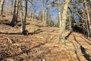 widok z lewej strony na usypane kamienie, pozostałość po dawnej skoczni