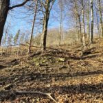 widok od dołu na usypane kamienie, pozostałość po dawnej skoczni