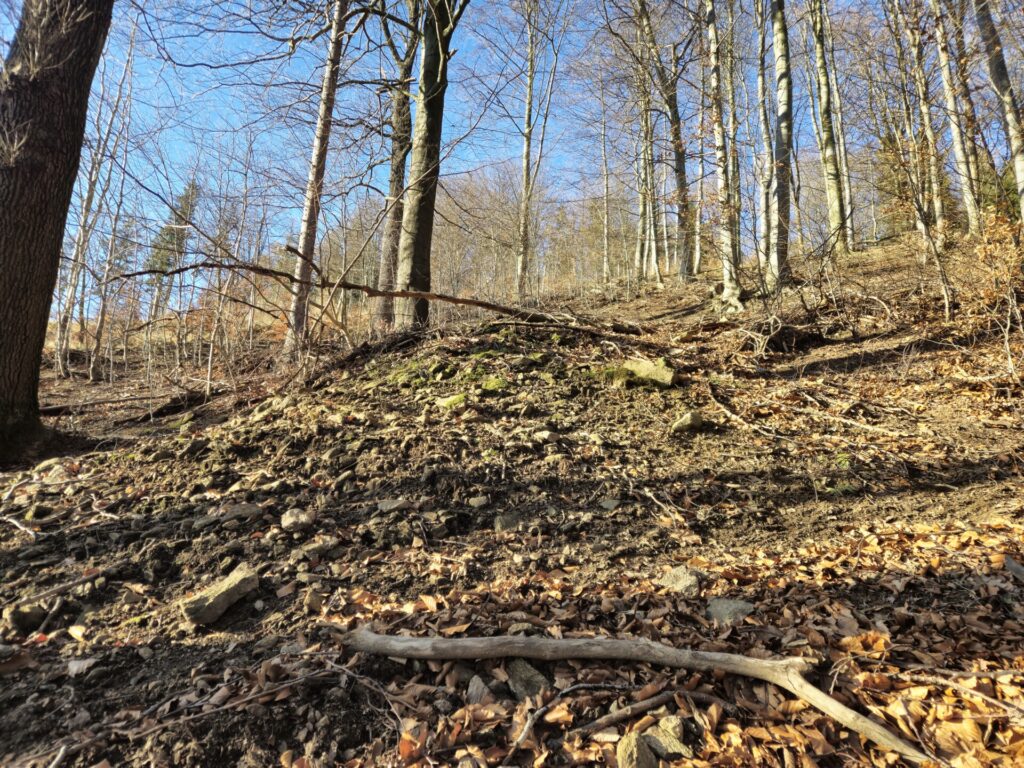 widok od dołu na usypane kamienie, pozostałość po dawnej skoczni