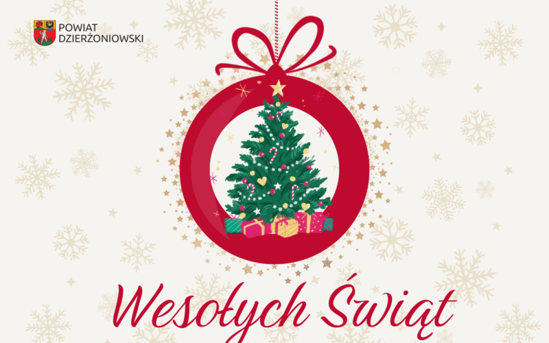 kartka świąteczna, choinka na środku, poniżej napis wesołych świąt