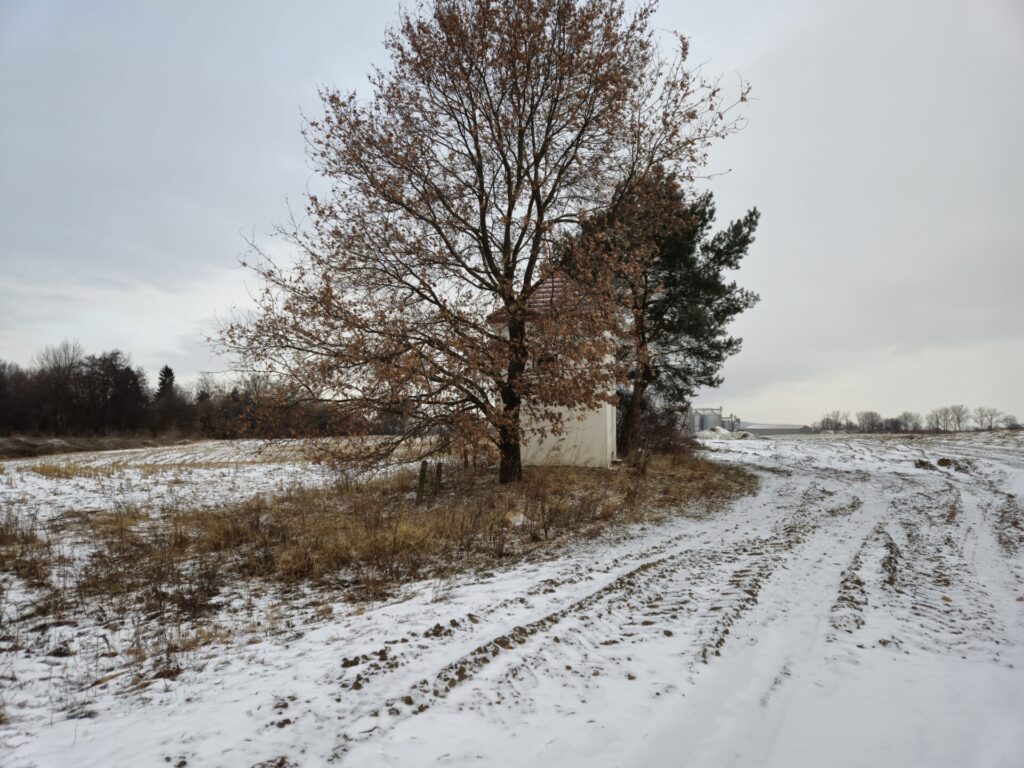 widok ze ścieżki na bok kapliczki, bliższy kadr