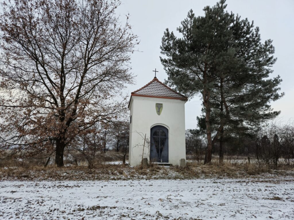 kapliczka widok od frontu w lekkim oddaleniu, wokół drzewa