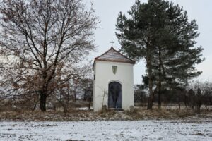kapliczka widok od frontu w lekkim oddaleniu, wokół drzewa
