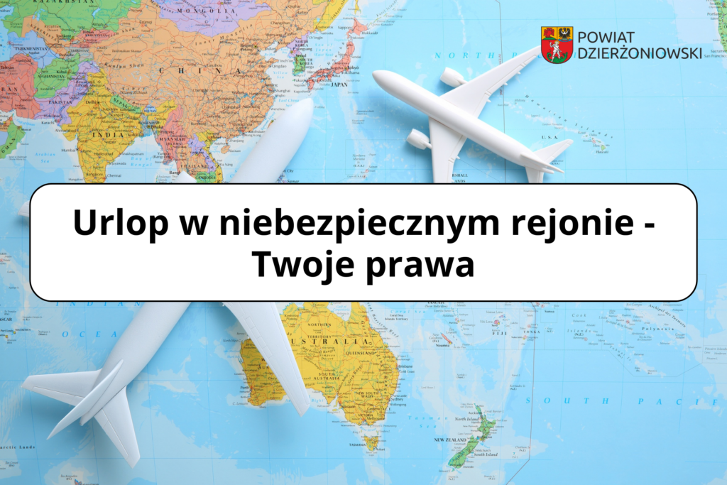 grafika urlop w niebezpiecznym rejonie, w tle mapa świata i samoloty na niej
