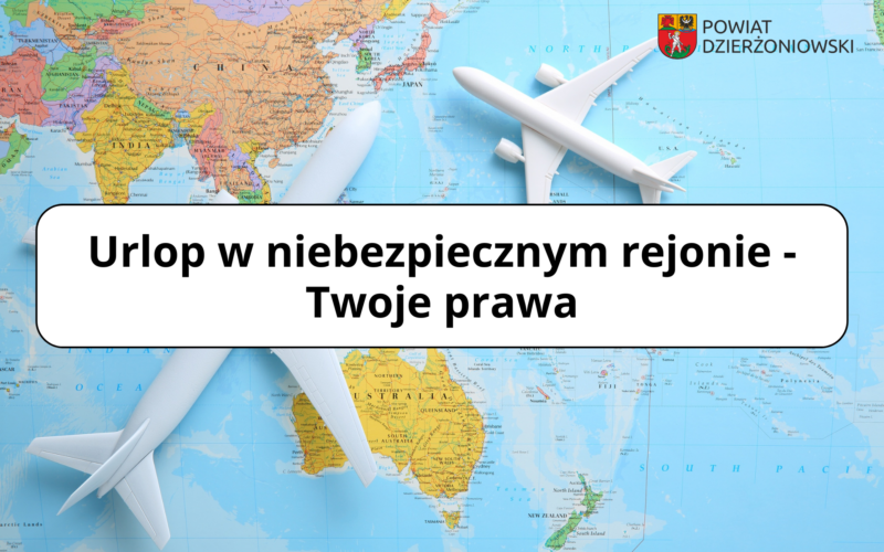 grafika urlop w niebezpiecznym rejonie, w tle mapa świata i samoloty na niej