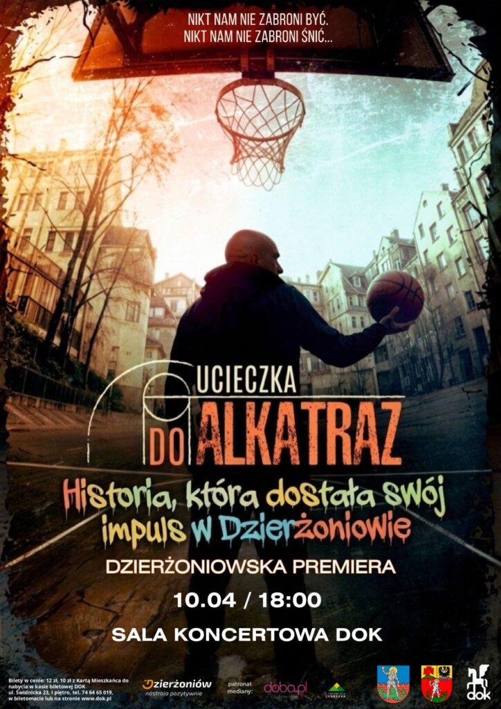 plakat ucieczka do alkatraz, koszykarz z piłką nad nim kosz