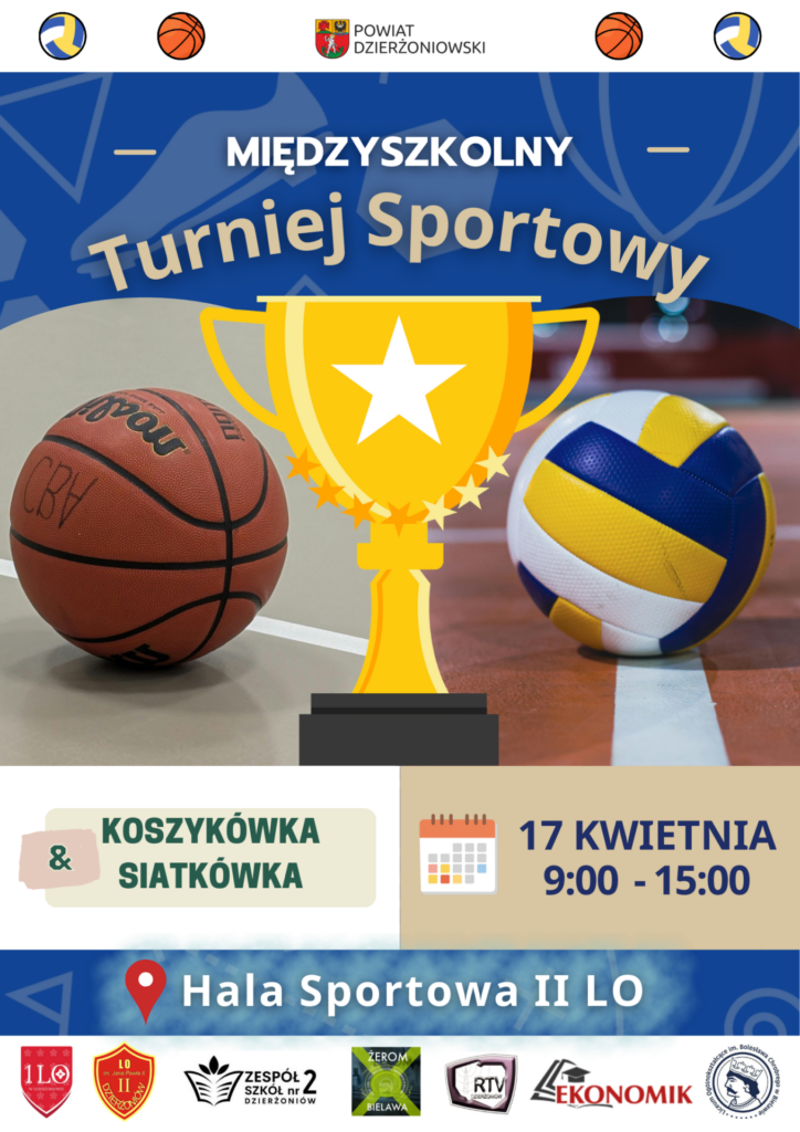 plakat Turniej Sportowy, piłki i puchar w środkuj