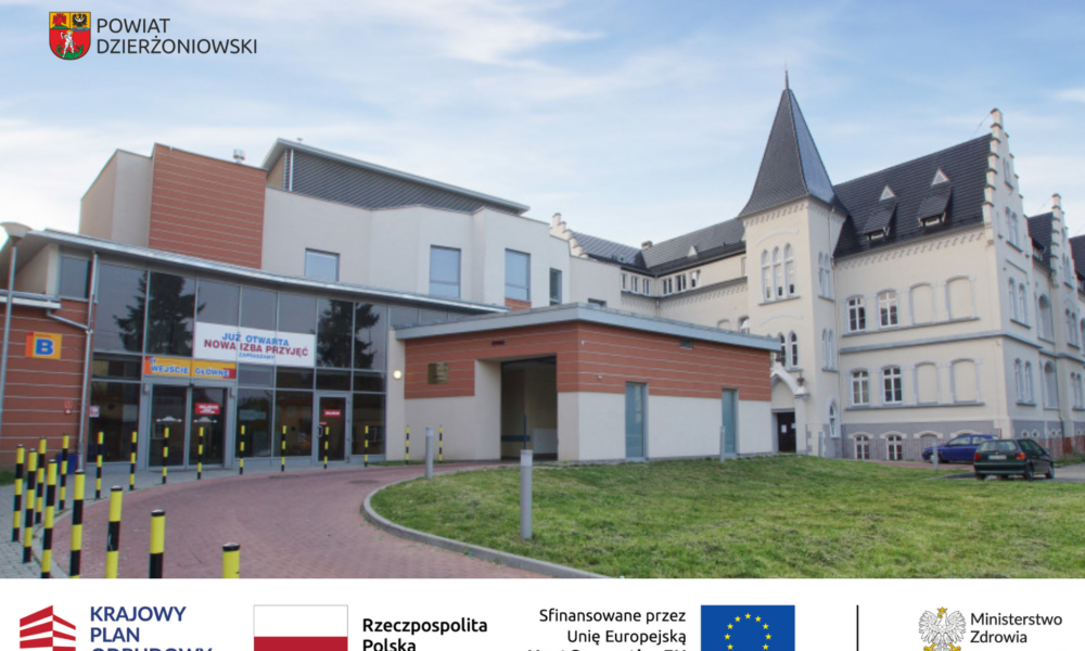 budynek szpitala grafika poniżej pasek krajowy plan odbudowy, flaga unijna i flaga Polski